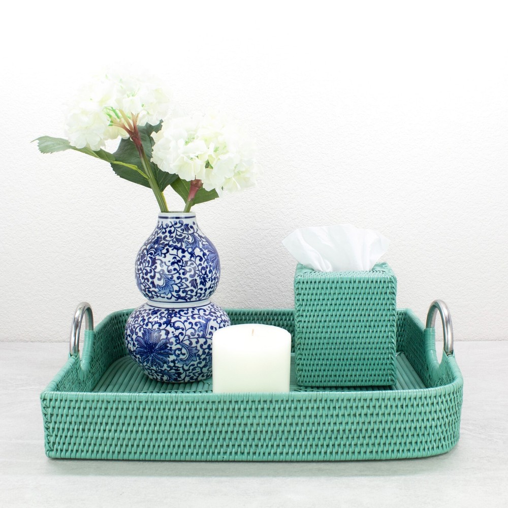 NEW Leaf Shaped Mixed Texture Rattan Tray w Handles, Luxury Home Decor-Turquoise