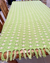 VTG Crochet Granny Square Blanket Green White Fringe Cottage Grandma 83X63 In