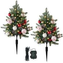 27 Set of 2 Artificial Outdoor Christmas Trees with 60 LED Lights, Faux Xmas Tre