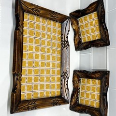 Set of 3 Handmade Wood and Glass Serving Tray Etched w/ Embroidered Appliqué