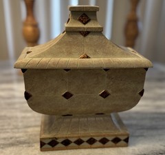 Ceramic Rectangular Lidded Decorative Box Beige Brown Diamond Pattern 8x8x4 in