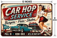 1950s Car Hop Service Metal Tin Sign Drive-In Diner Burgers Fries Shakes 8×12