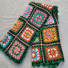 VTG Green Granny Square Handmade Crochet Afghan Throw Colorful Chunky Knit 52×44