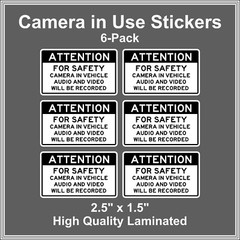 Camera in Car Recording Video 6-Pack Decals Black & White 2.5″ x 1.5″ for Uber