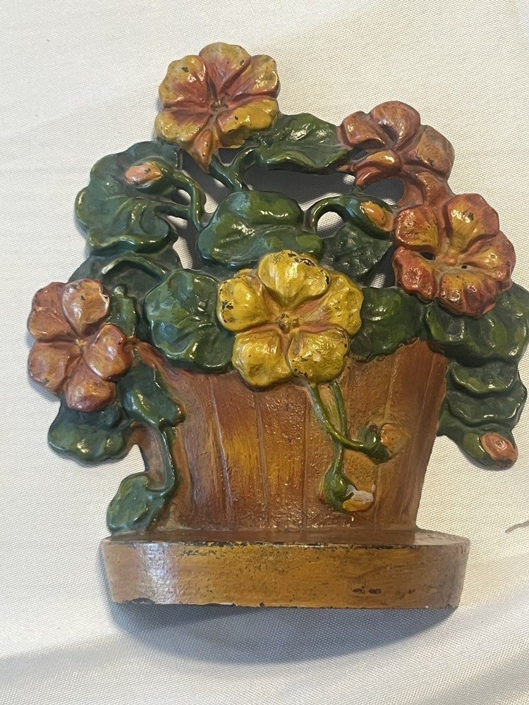 VTG Cast Iron Doorstop Bookend Orange Yellow Flowers in Barrel Cottage-core 7in