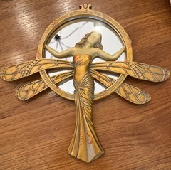 Art Nouveau Deco Lady Pinup Woman Gold Wall Mirror Decor Antique Dragonfly Vtg