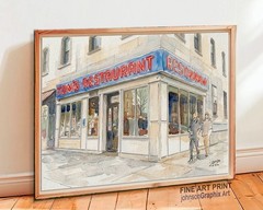 Toms Restaurant Watercolor Painting: New York Cityscape, Steinfeld Diner Print
