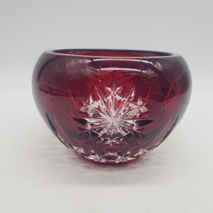 Waterford Crystal Snow Crystals Red Round Votive Holder Bowl Snowflake Cut Glass