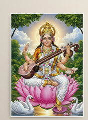 Saraswati Goddess Print Maa Devi Knowledge Art Poster Unframed HinduDecor 6×8 in