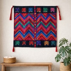 Vintage Handwoven Embroidered Textile Wall Hanging 32×32 Boho Folk Art Panel