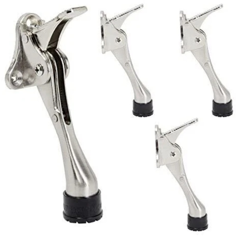 4 Pack Kickdown Door Stops, Silver, 4×2 Inches, Rubber Tip and Spring Lever 4×2″