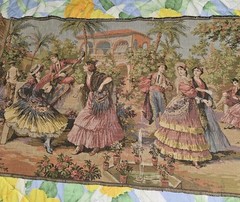 VTG Aubusson Style Wall Tapestry Spanish Romantic Garden Scene 19″ X 35″ Wide
