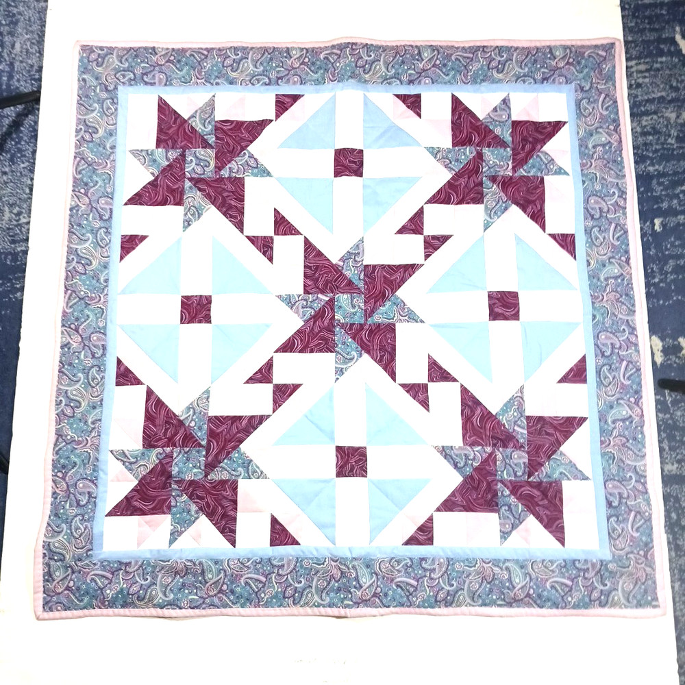 Patchwork Quilt Handmade Wall Hanging Pinwheel Star Blue Purple White Signed