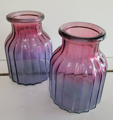 2 GREENBRIER INTL GLASS VASES BLUE BOTTOM RASPBERRY PINK TOP 6 INCHES