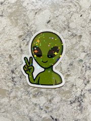 Alien Peace Sign Sticker l Gloss or Holographic Laminate l Waterproof Decal