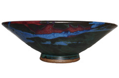 Vintage ARTISAN CRAFTED Green, Red, & Blue Glazed Pottery Gallery Bowl 12.5 USA