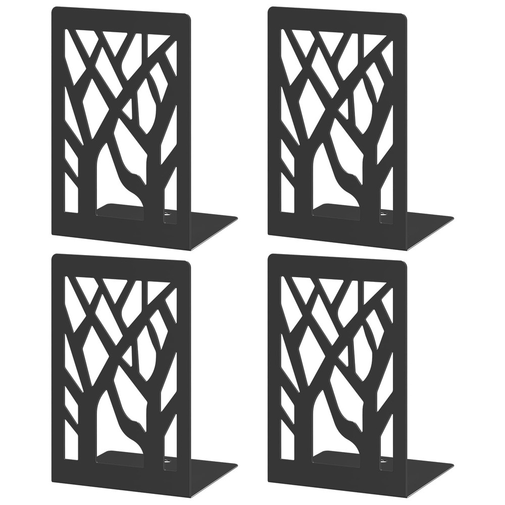 VFINE 4-Piece Modern Metal Bookends for Shelves, Black Tree Book Ends for Books