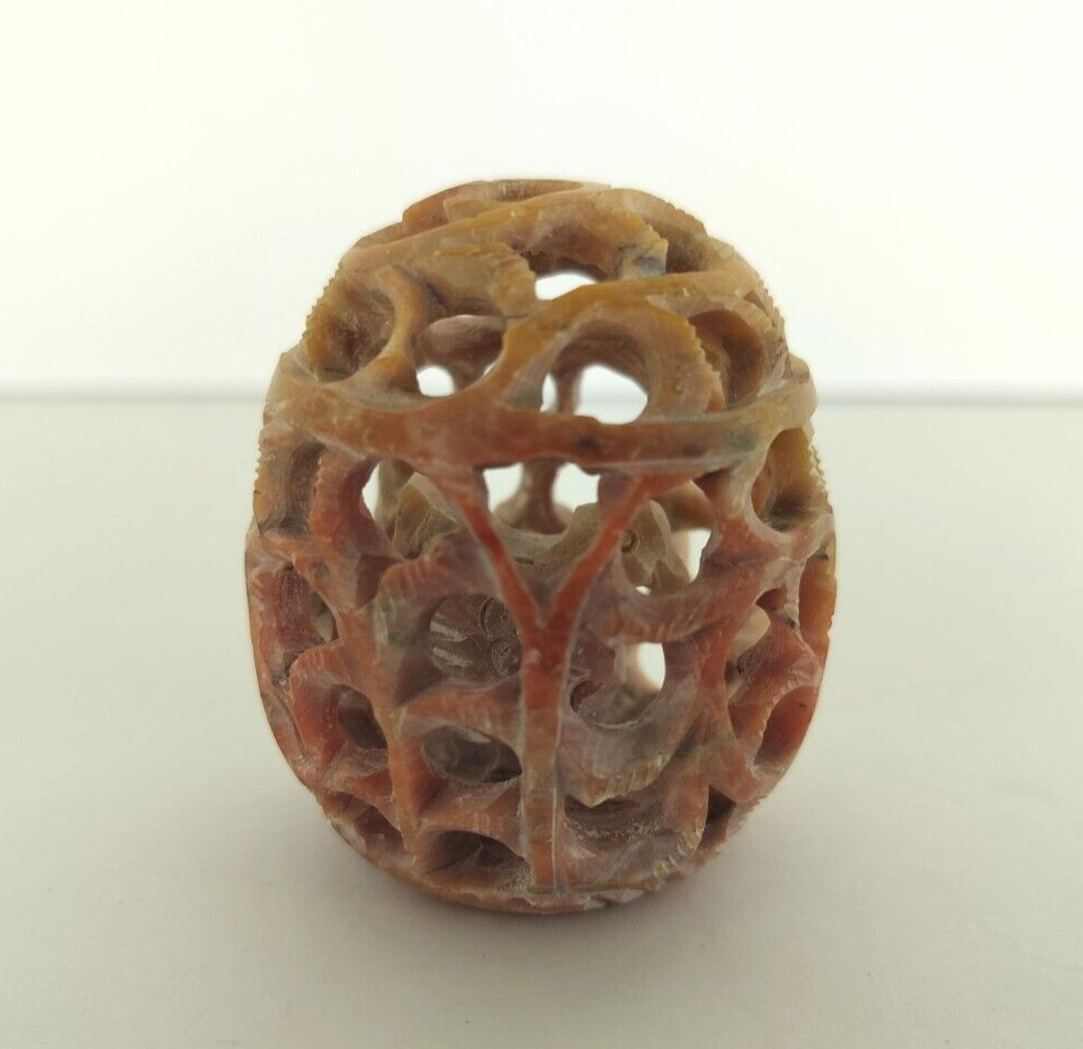 2″ Handmade Soapstone Egg Ball Filigree Carved Chicken Inside Home Décor.