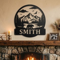 Personalized Bear Mountain Metal Sign, Custom Family Name Cabin Wall Decor