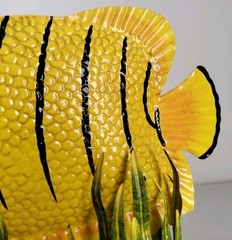 2 Metal Fish Sculptures Seagrass Base 15″ Yellow Tiger Stripe 14″ Red Angelfish