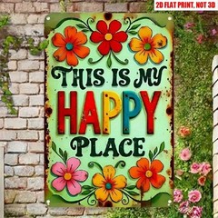 Retro Garden Decor Metal Sign This Is My Happy Place Colorful Floral Plaque 12×8