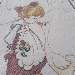 Vintage Precious Moments Blanket Goose Rainbow Girl Goose Heart Floral Fringe