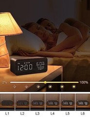 Wooden Digital Alarm Clock with Wireless Charging, Dimmable, Adjustable Grey