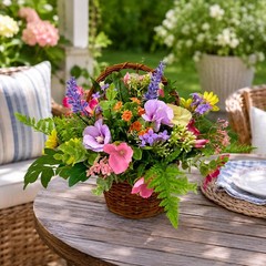 12 Inch Lighted Spring Flower Basket with Timer and Woven Handle | 10 Warm White