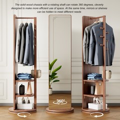 69″ Rotating Full Length Mirror, Hook Storage Rack, Solid Wood, Walnut