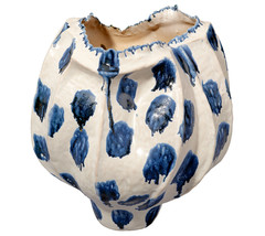New Abstract Modern Porcelain Centerpiece Vase or Cachepot in Blue & Ivory 12″