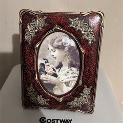 Victorian Antique Finish Red/Gold Velvet Floral Easel Photo Frame 3.5×5″