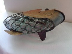RARE BRUTALIST HANDBLOWN CAGED BUBBLE GLASS & WROUGHT IRON METAL FISH SCULPTURE