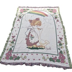 Vintage Precious Moments Blanket Goose Rainbow Girl Goose Heart Floral Fringe