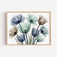 Translucent Botanical Floral Anatomy Wall Art, Navy Blue and Seafoam Green Tulip