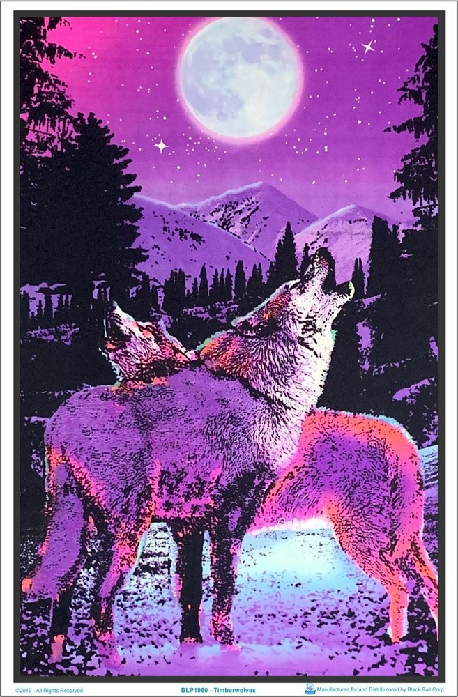 Timberwolves Flocked Blacklight Poster 23″ x 35″ Two Wolves Under Moonlight