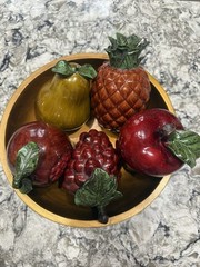 Ceramic Multicolor Fruit Centerpiece Bowl with Pineapple Pear Grapes Apple Pom