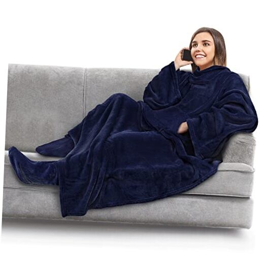 Blanket with Sleeves, Foot Pockets for Women Men Adults, Plush Fleece Navy