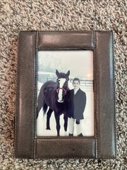 Vintage Olive Green Faux Leather Picture Frame with Black Stitching 4×5.25”Photo