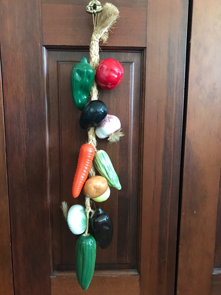 Assorted Multi-Color Ceramic Hanging Vegetables in a Braided Rope Home Decor