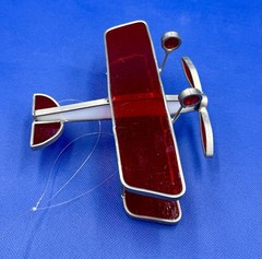 HANDMADE Lead Stained Glass Biplane Red & White Vintage