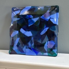 Heavy Blue Purple White Fused Art Glass Square Plate 10-1/4”