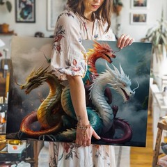 Dynamic Composition Featuring Five Majestic Dragons Intertwined Against Wall Art