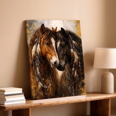 Wall Art Two Horses Canvas Print Rustic Western Animal Portrait Decor Gold Home