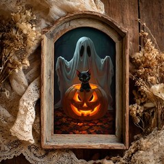 Black Cat and Pumpkin Ghost – Halloween Digital Wall Art | (DIGITAL DOWNLOAD)