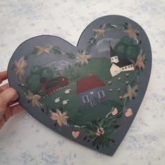 Vintage Cottagecore Farmhouse Hand-Painted Wooden Heart Wall Hanger Sign