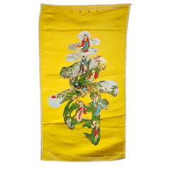 Eight Immortals Chinese Mythology Longevity 28″x16″ Yellow Silk Tapestry VTG