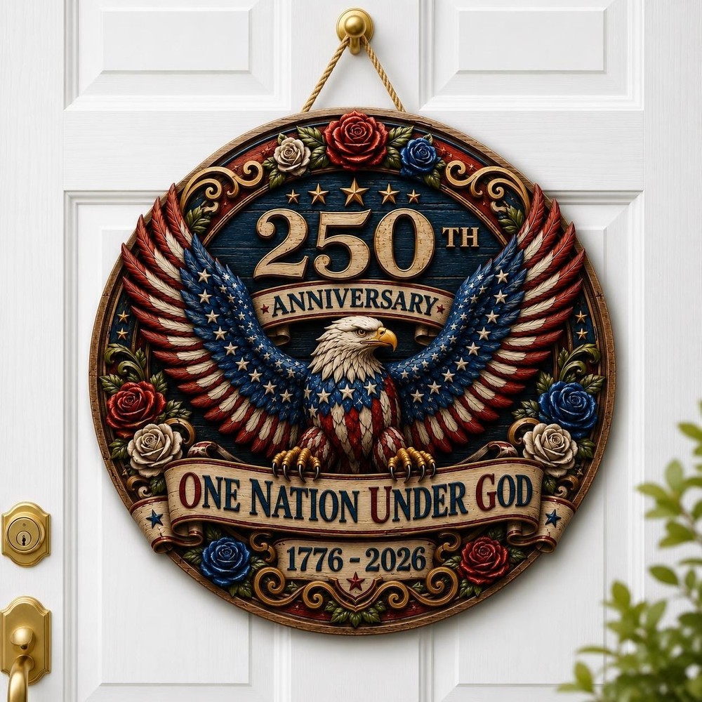 250th Anniversary Wooden Door Sign, Patriotic Eagle Wreath Decor, One Nation