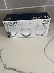 Dansk Fiori Set Of 3 Mini Clear Glass Bud Vases Mixed Styles 3″ With Box