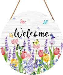Welcome Spring Summer Tulip Flower Front Door Sign Spring Door Decorations Flora