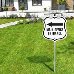 Main Office Entrance Left Shield Shaped Sign With Stake Made in the USA